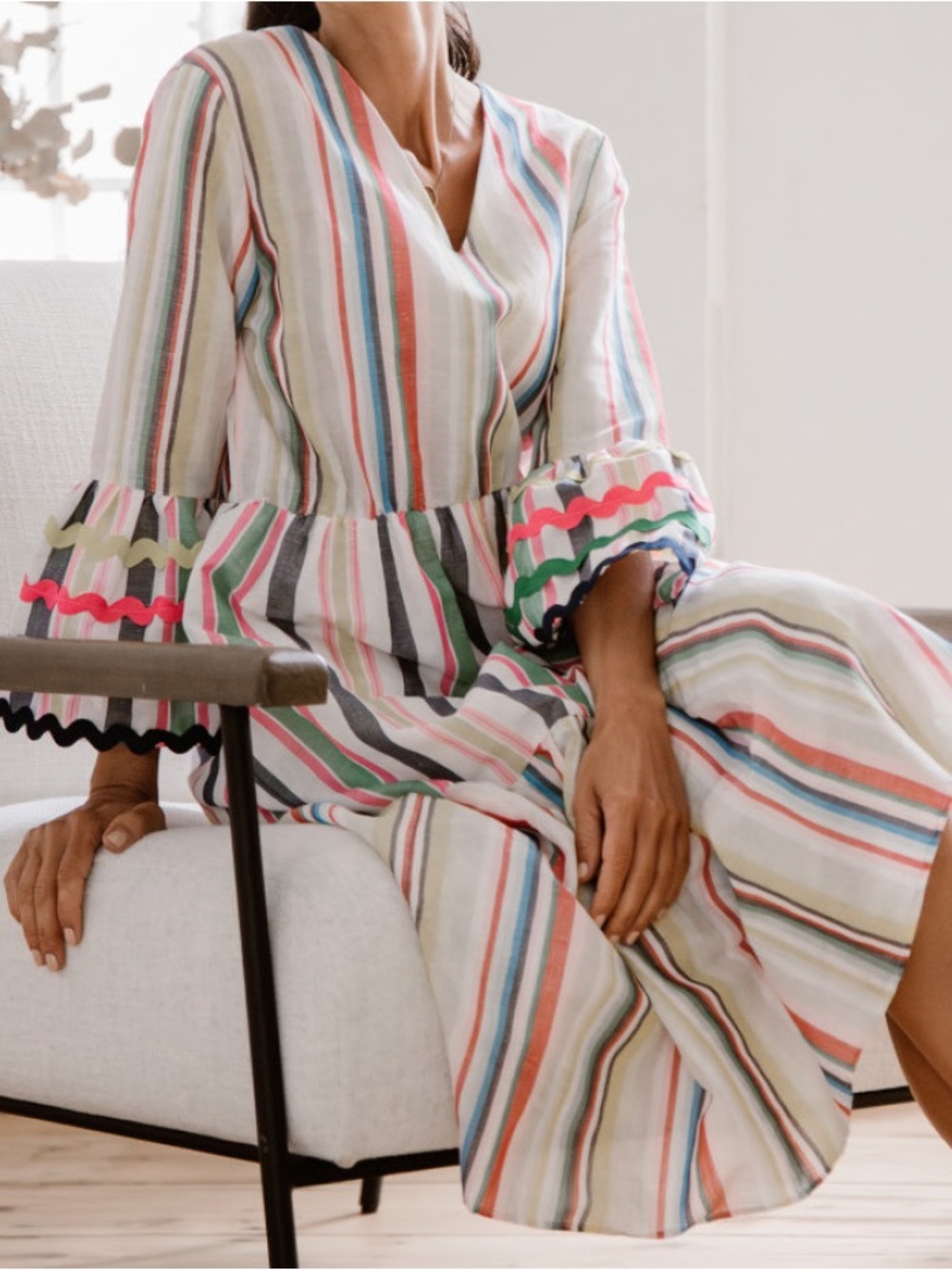 Vilagallo Women’s V-Neck Stripe Dress Multi Ric Rac Tiered Midi EU 42 US 10